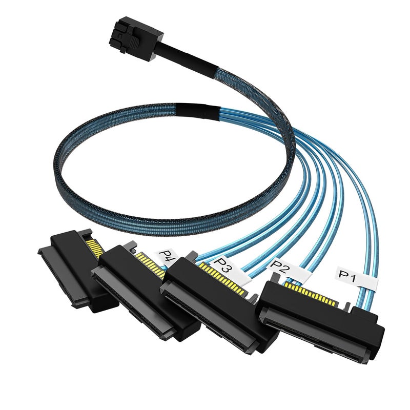 OIKWAN كابل SFF-8643 داخلي Mini SAS HD إلى (4) موصلات SFF-8482 29pin مع منفذ طاقة SAS 15pin 12GB/S بطول 3.3 قدم (1 متر) - Image 4